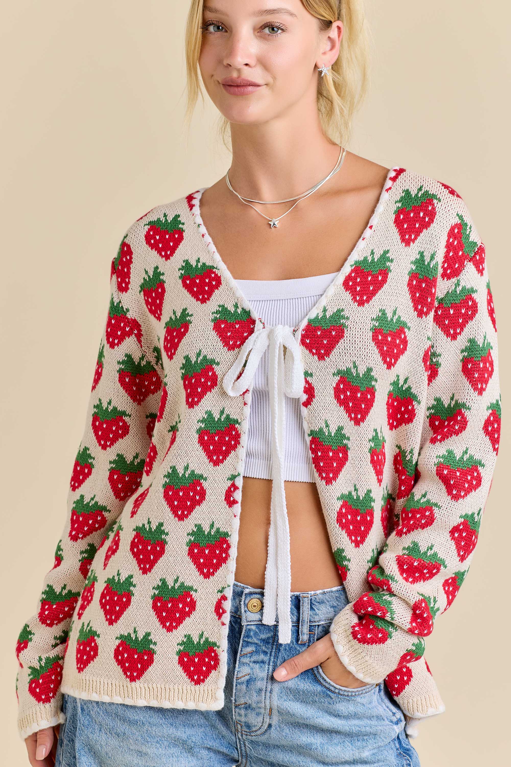 Main Strip - Venta al por mayor Cárdigan - Mujer - Cárdigan de punto con diseño de fresas1