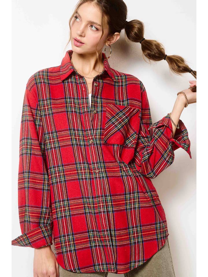 La Miel - Wholesale Button Down Shirt - Women's - SRT7807-Loose Fit Button Down Soft Fabric Plaid Shirts