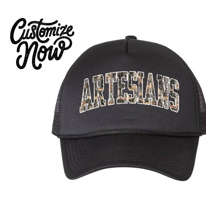 custom Camo Arch Text Trucker Hat Black Vintage for wholesale by 222 PARKSIDE
