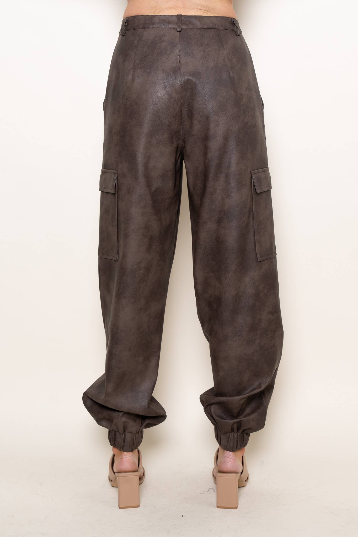 Brown PLEATHER CLASSY CUFFED CARGO JOGGERS-PI6888FO for wholesale on Faire8