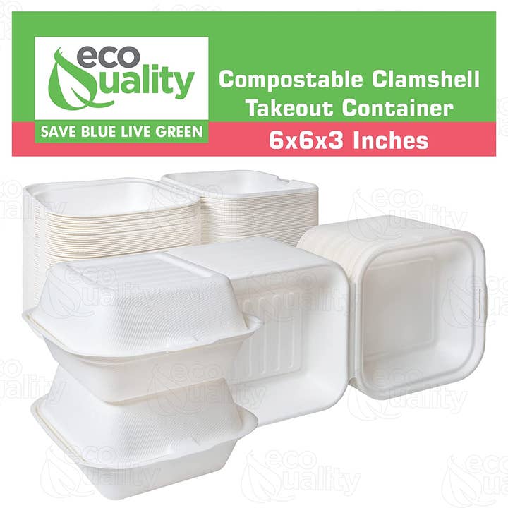 EcoQuality - Wholesale Food Storage Container - Compostable Square Hinged Clamshell 6x6 Food TakeOut Box