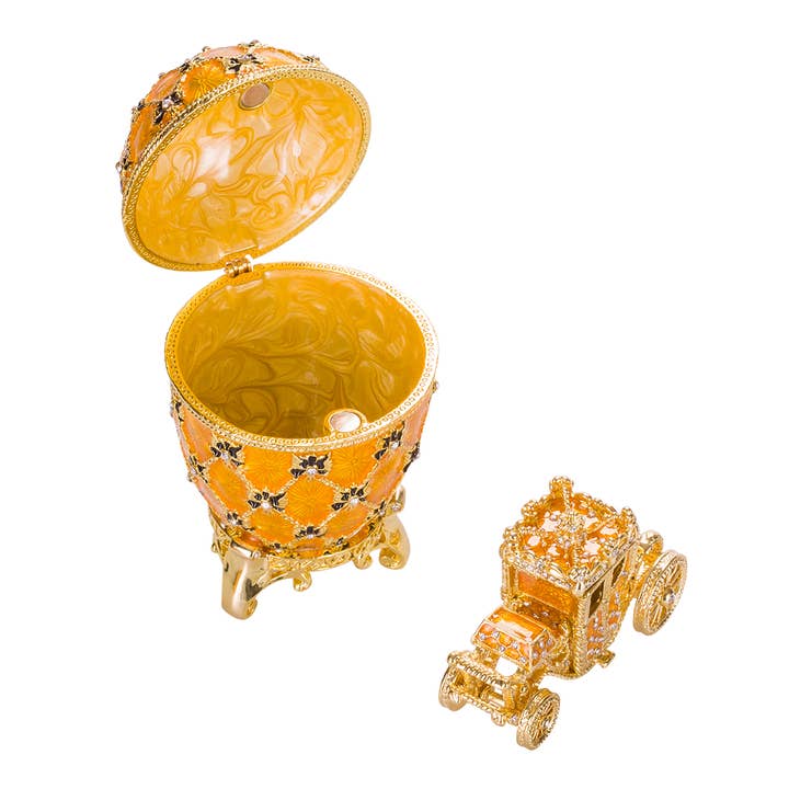 danila-souvenirs - Vendita all'ingrosso Portagioie/organizer per gioielli - Scatola portagioie Faberge Coronation Egg con carrello 4" giallo1