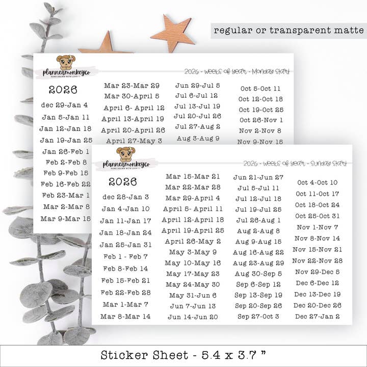 Plannermonkeyco - Wholesale Sticker - Weeks Of The Year 2026 Stickers