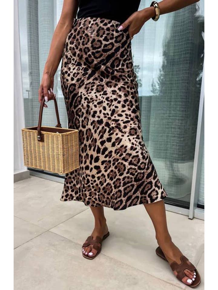 Zara Satin Leopard Print Midaxi Skirt-Dark Brown for wholesale on Faire1