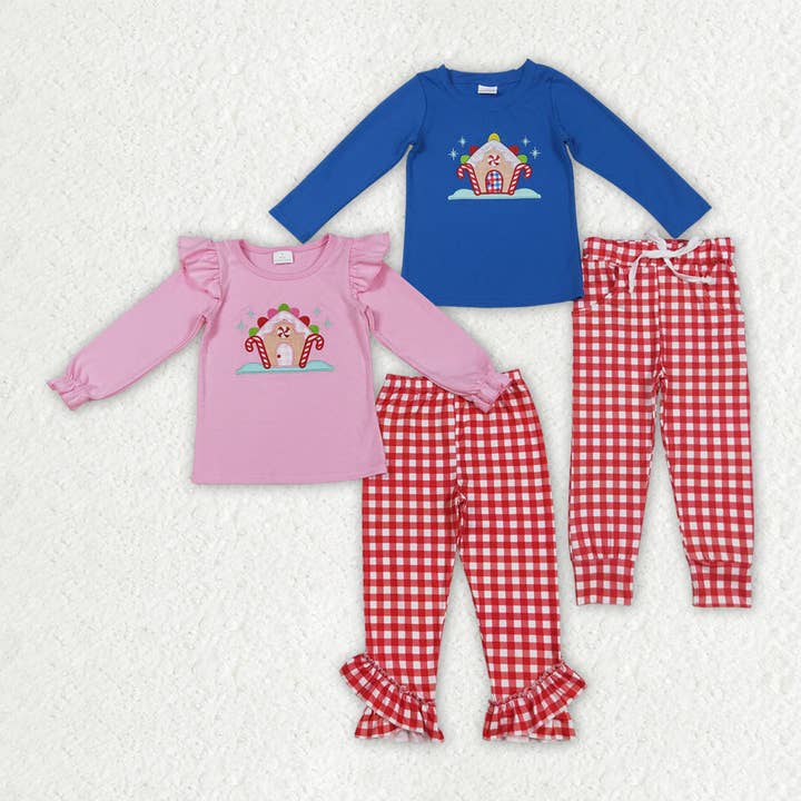 Sibling Embroidery House Candy Cane Baby Kids Long Sleeves Pants Christmas Clothes Sets for wholesale by Aier Wholesale