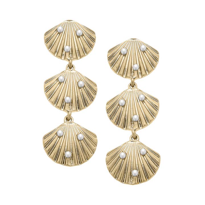 Canvas Style - Wholesale Dangle Earrings - Cassandra Pearl-Studded Shell Earrings in Shiny Gold
