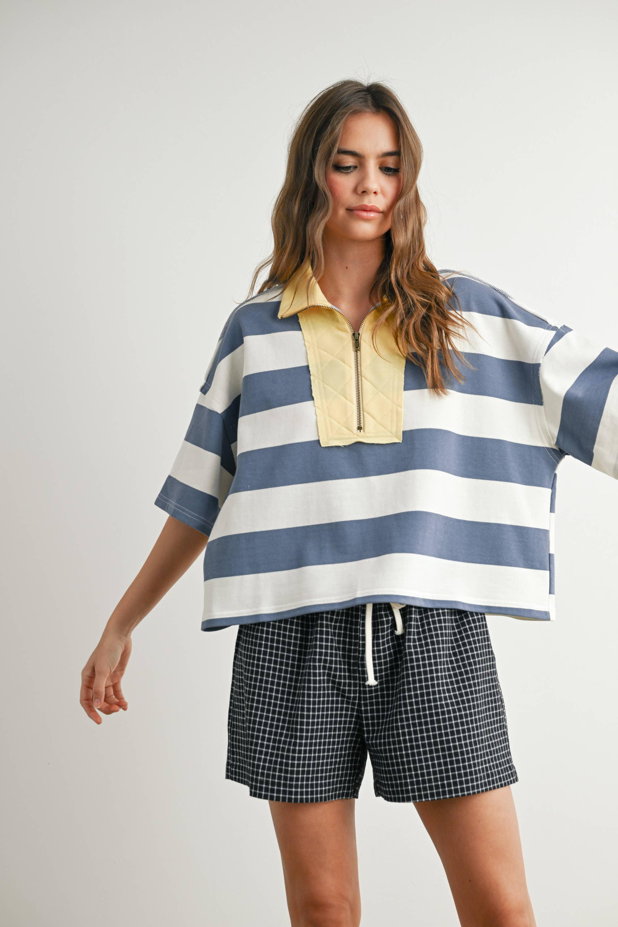 BLUE MULTI Oversized Striped Zip-Up Polo Shirt - BMT7711 for wholesale on Faire1