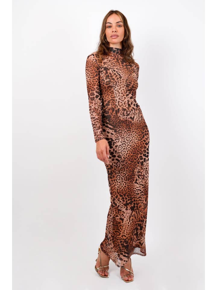 Jaded Rose – wholesale Klänning - Dam – Mia Leopard Mesh Maxiklänning - Hög hals Långärmad