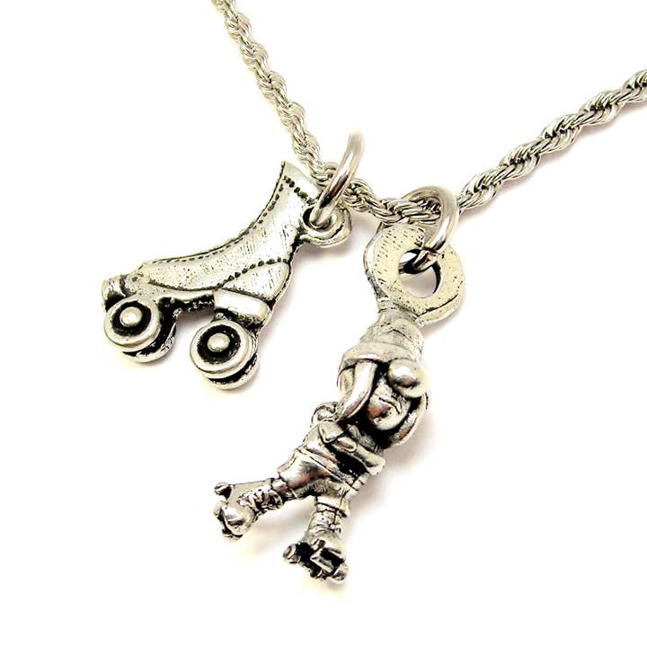 Chubby Chico Charms - Wholesale Pendant/Charm Necklace - ROLLER SKATING ROLLER DERBY GIRL GNOME 20" Rope Necklace