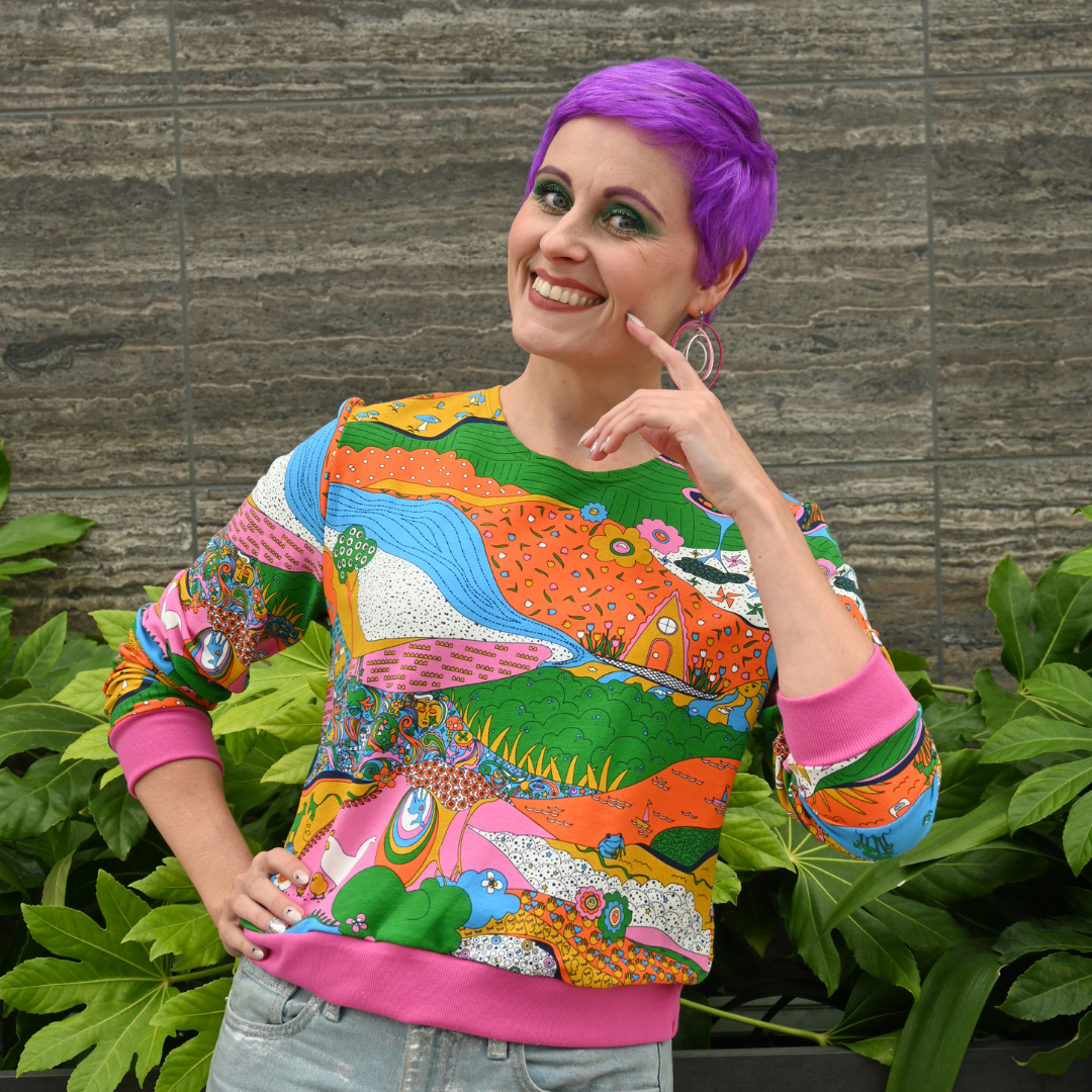 Blue Platypus - Wholesale Sweatshirt - Women's - Landscape Pullover in Rainbow w/ Fuchsia Cuffs5