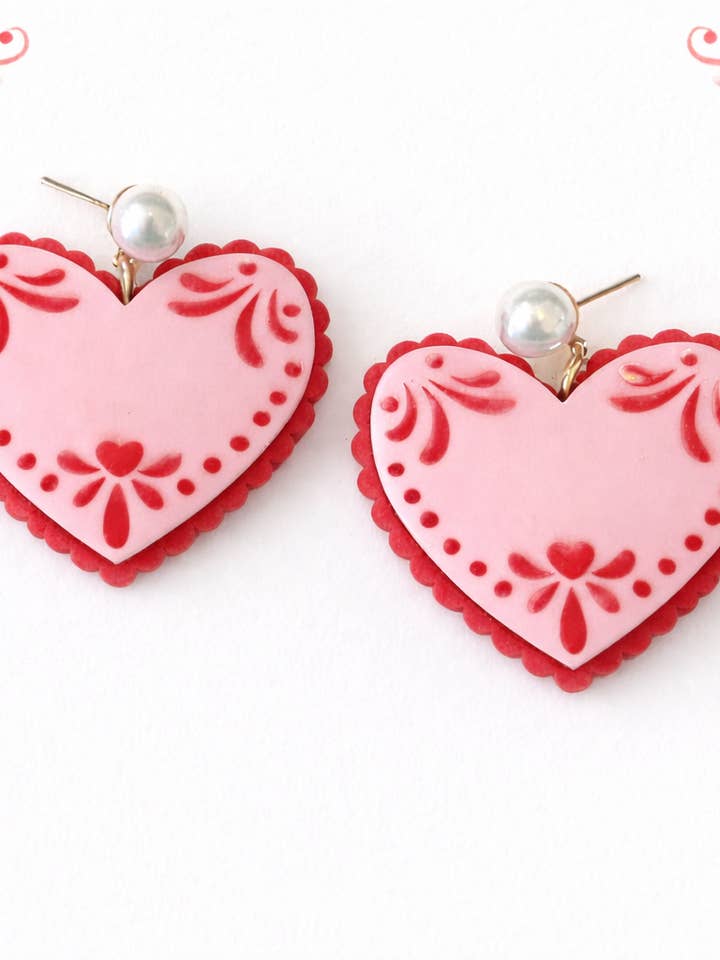 Talavera Layered Acrylic Valentine’s Day Earrings -Pink/Red for wholesale by KBR By Donna