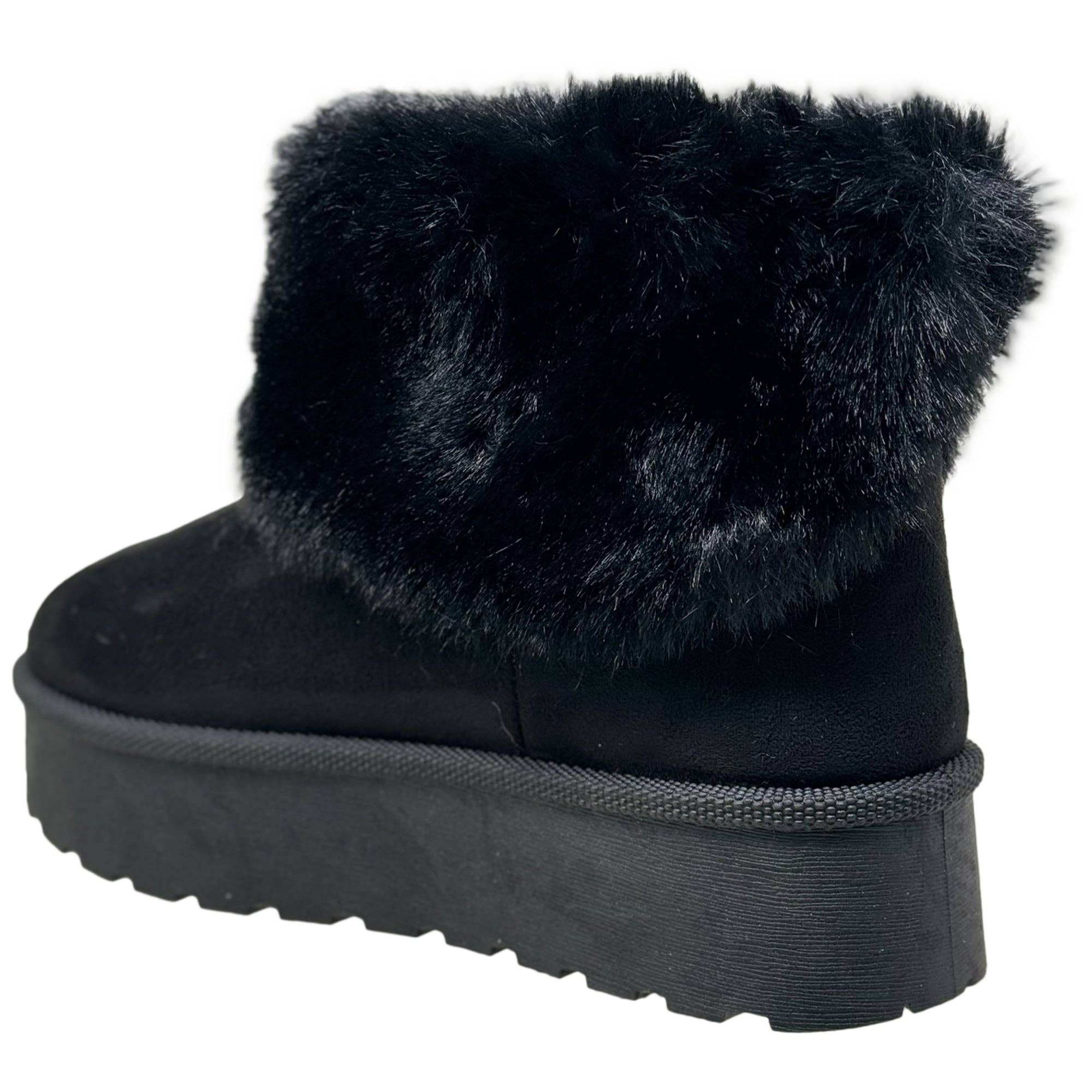 Women's Platform Booties Faux Suede Fur Lining Pull On Cuff Boots Black Suede for wholesale on Faire2