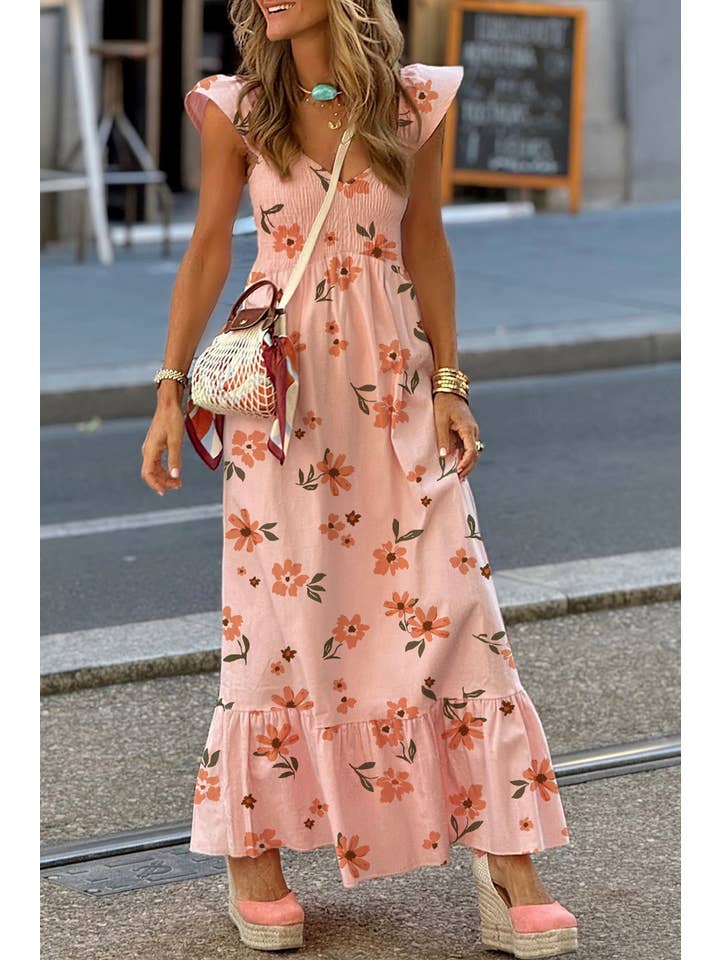 Little Daisy Closet - Wholesale Dress - Women's - LDC Floral V Neck Smocked High Waist Ruffle Hem Long Dress