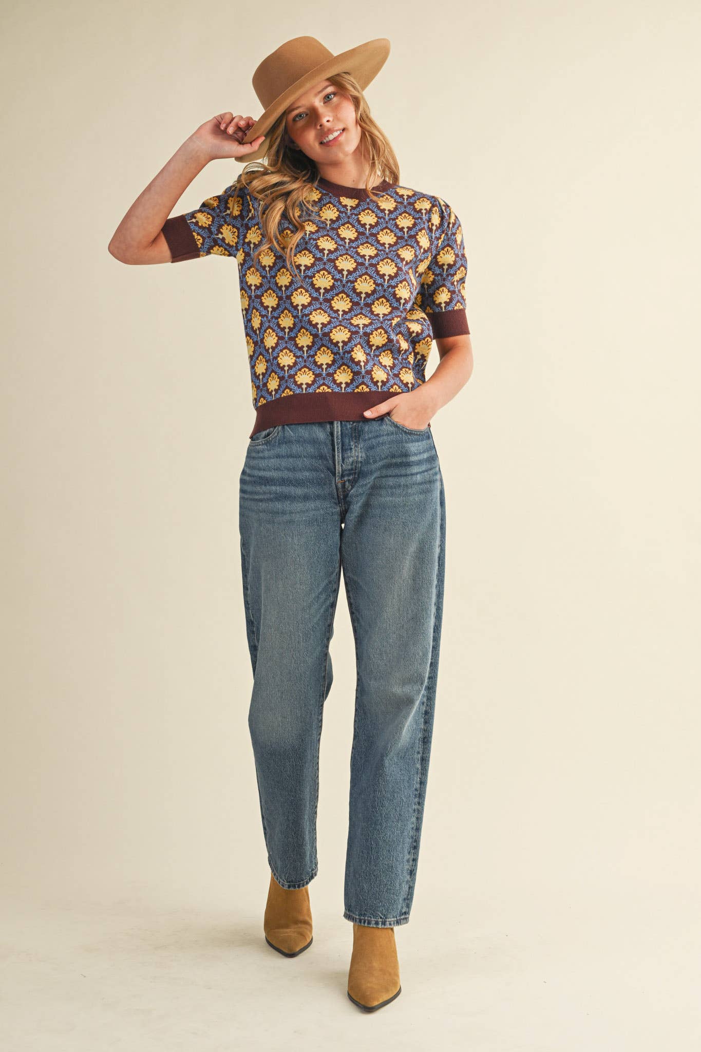 &MERCI - Wholesale Knit Sweater - Women's - FLORAL PATTERN SHORT SLEEVE SWEATER MSW1086015