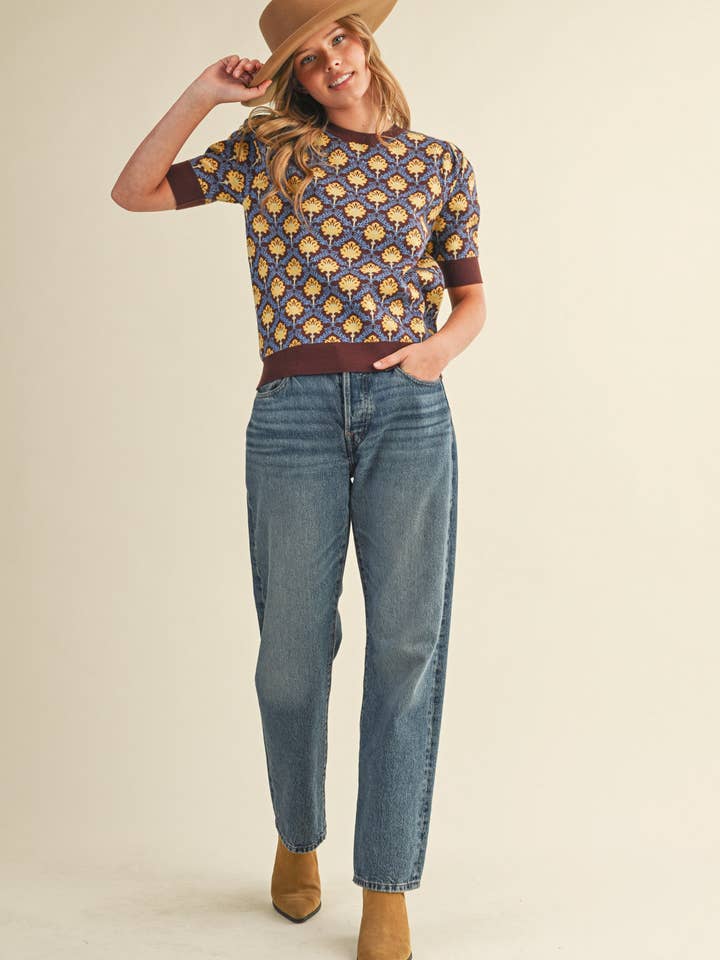 &MERCI - Wholesale Knit Sweater - Women's - FLORAL PATTERN SHORT SLEEVE SWEATER MSW1086015