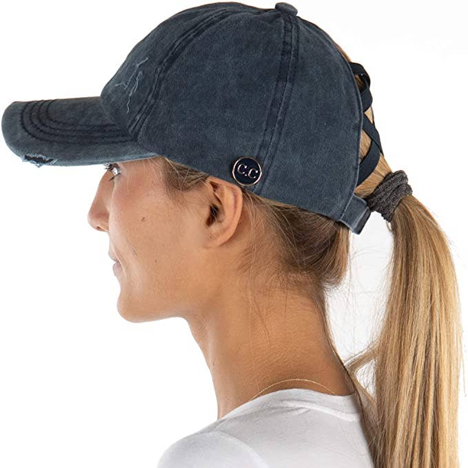 Funky Junque – Engroshandel Kasket med hul til hestehale - Dame – Criss Cross Hestehale Cap m/Knapper (Navy)