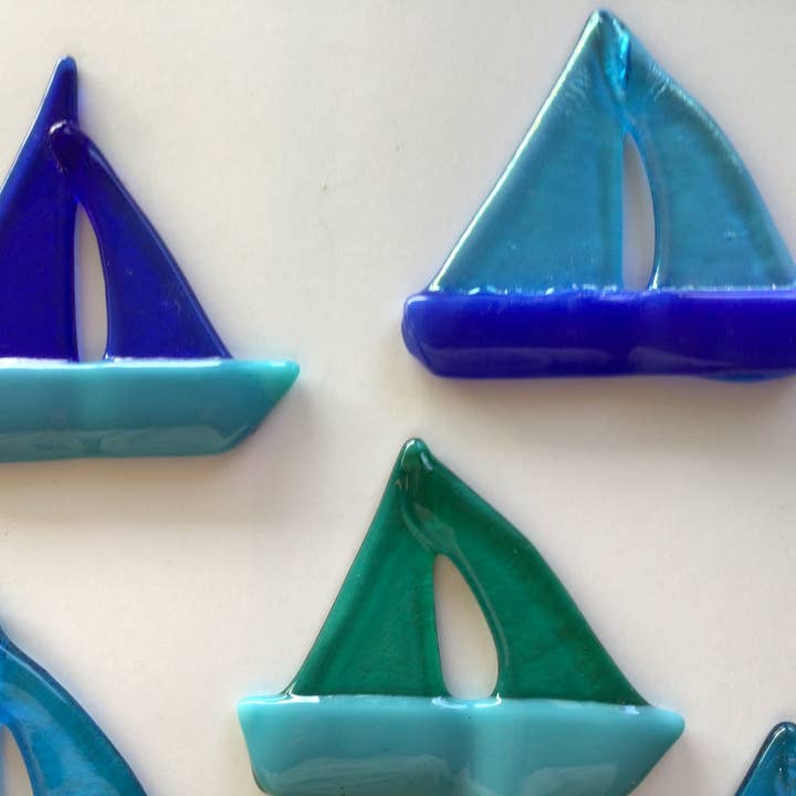 Shades of blues teals greens and yellows Sailboat ornament for wholesale on Faire5
