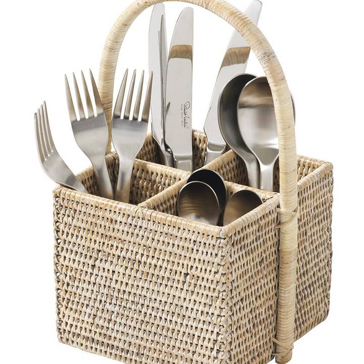 Bestickhållare 4 fack Casse-croute vit betsad rotting för wholesale av Pagan