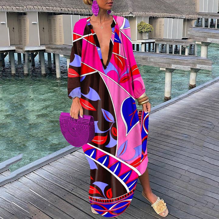 SALINA TRADING INC - Wholesale Dress - Women's - Women Bohemian Elegant Vintage Long Sleeve Button Loose Big V Neck Dress