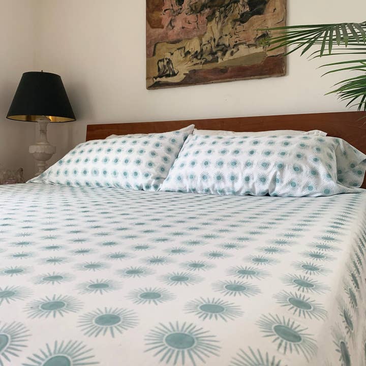 New Print! Brother Sun Hand Block Printed Sheets in Tropic for wholesale by Sister Moons
