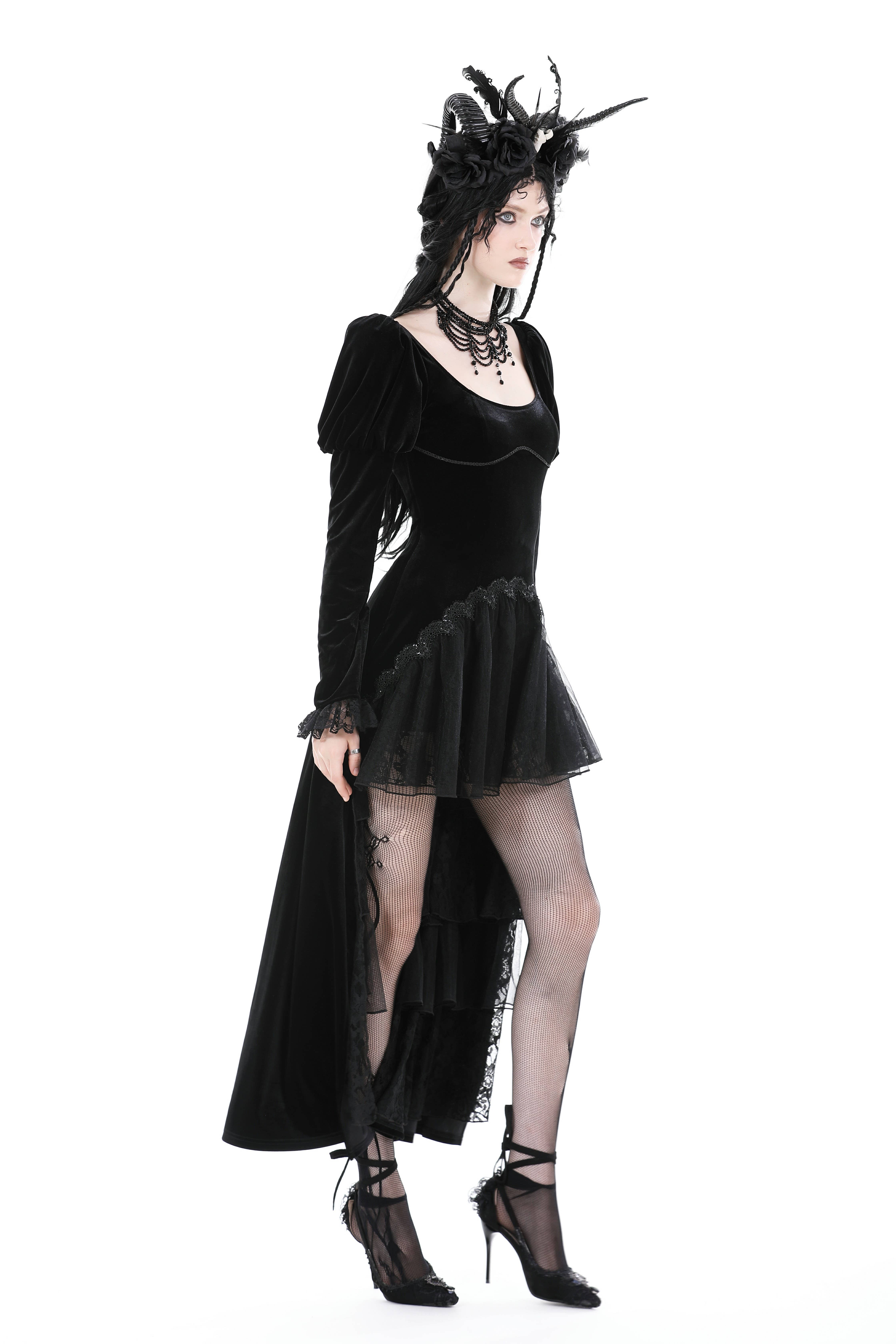 Western Fashion - Wholesale Dress - Women's - GOTHIC VELVET PUFF SLEEVE HIGH LOW DRESS6