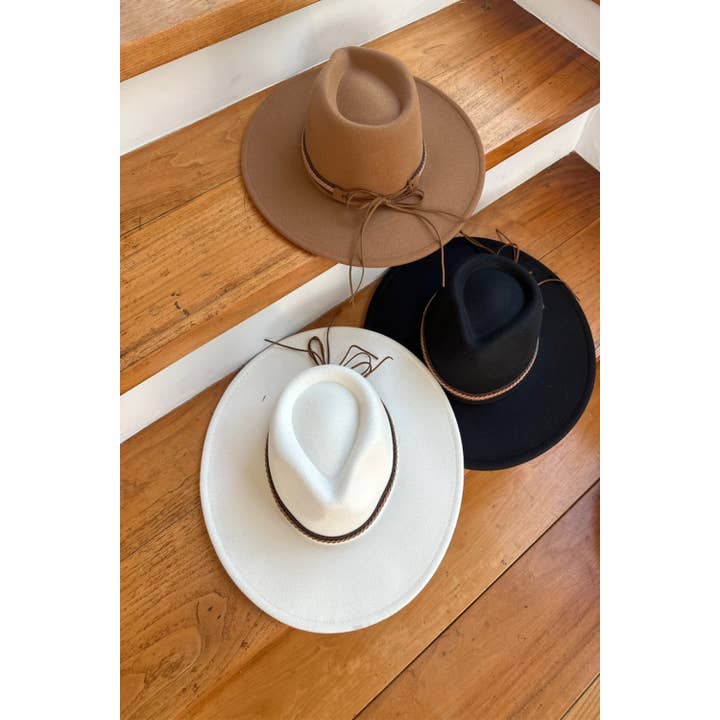 Wide Brim Vegan Felt Rancher Hat with Braided Leather Bel for wholesale by Queens INC