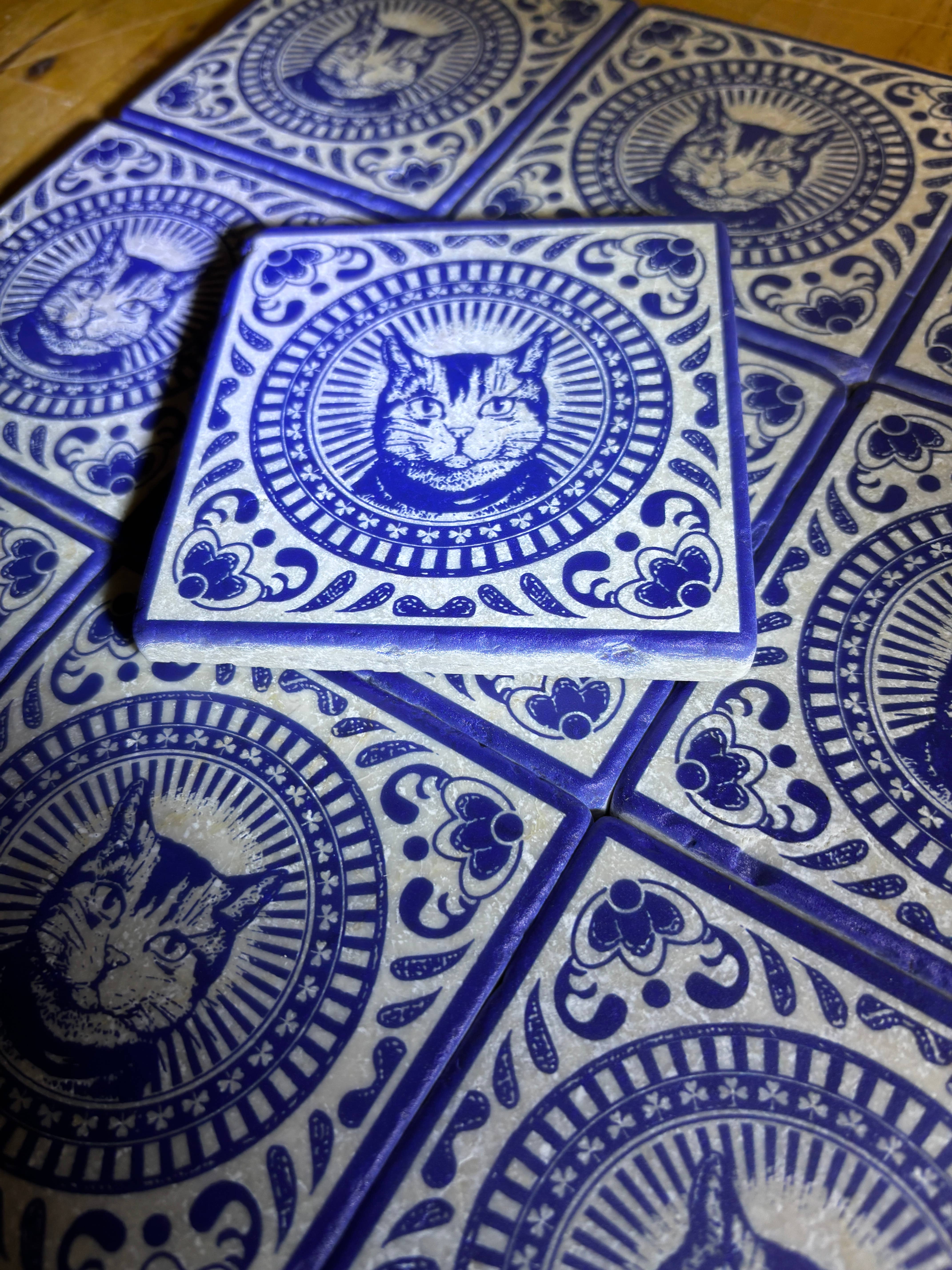 Henri Banks - Creative Gifts - Wholesale Decorative Tabletop Object - Printed marble tile, The Cat2