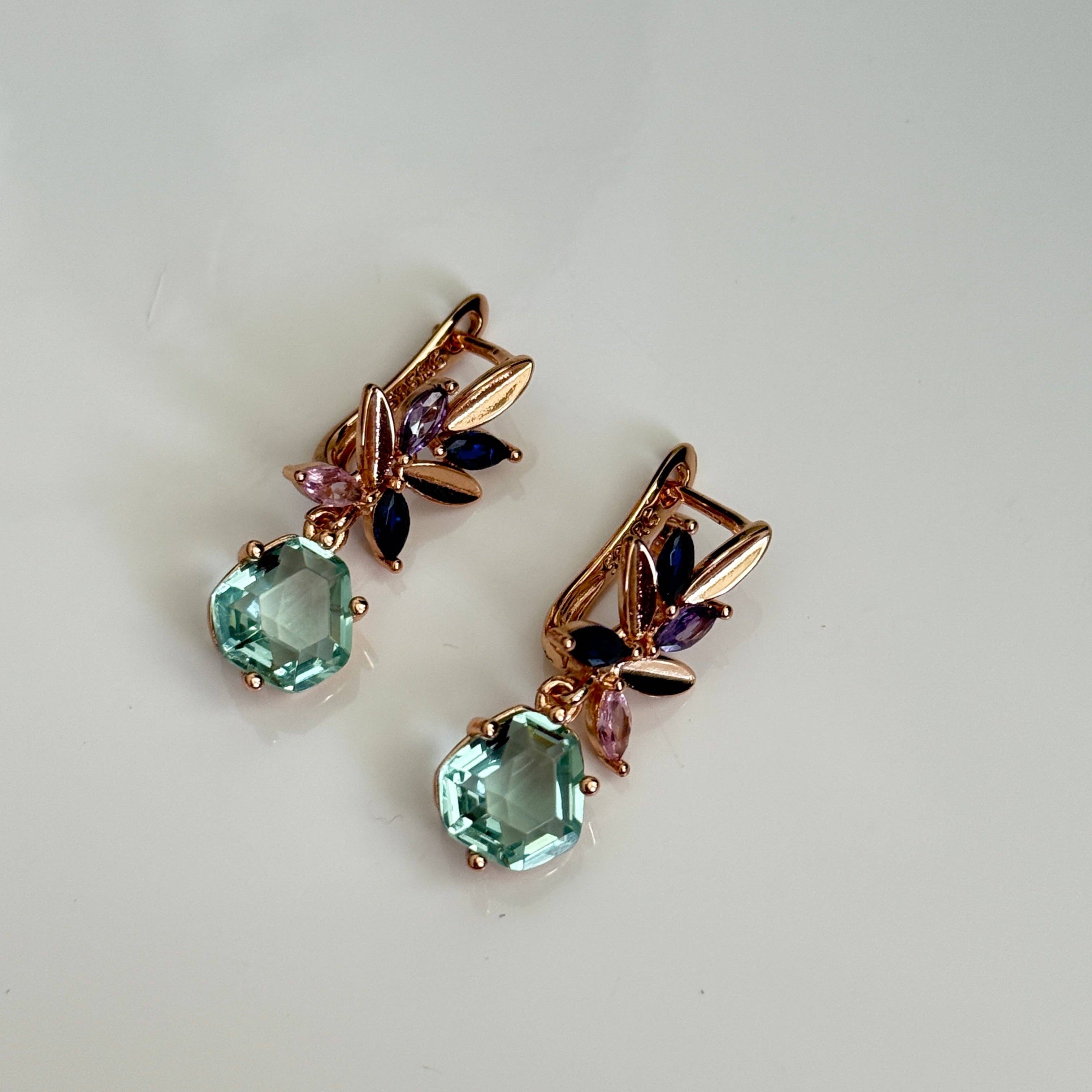 Vinnis Jewelry - Wholesale Jewelry Set - Celestial Bloom Mint Green Crystal Necklace and Earrings Set – Rose Gold Floral Design with Blue and Violet Accents5