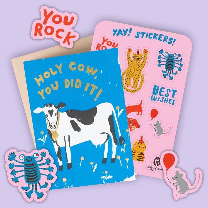 Card & Sticker Sheet Set - Holy Cow Congrats for wholesale by Egg Press Manufacturing
