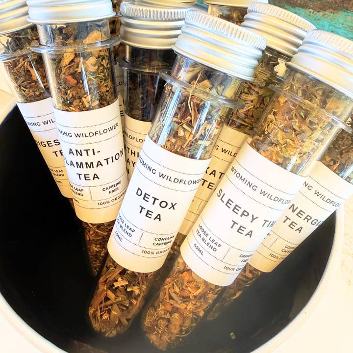 Organic Loose Leaf Tea Tubes- Herbal Wellness Blends (45ml, 5-12 cups per tube) for wholesale by Wyoming Wildflower