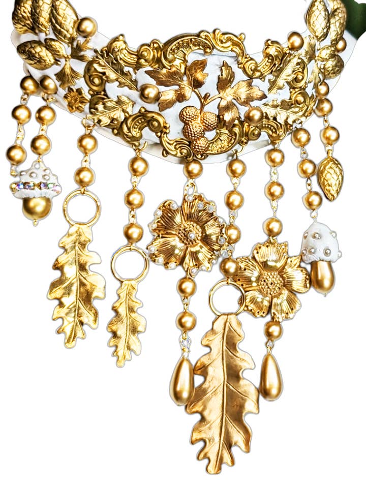 Gold White Fall Bridal Statement Necklace One of a Kind Sugar Gay Isber Brass Leaves Acorns Mushrooms ++ for wholesale by Gay Isber Designs