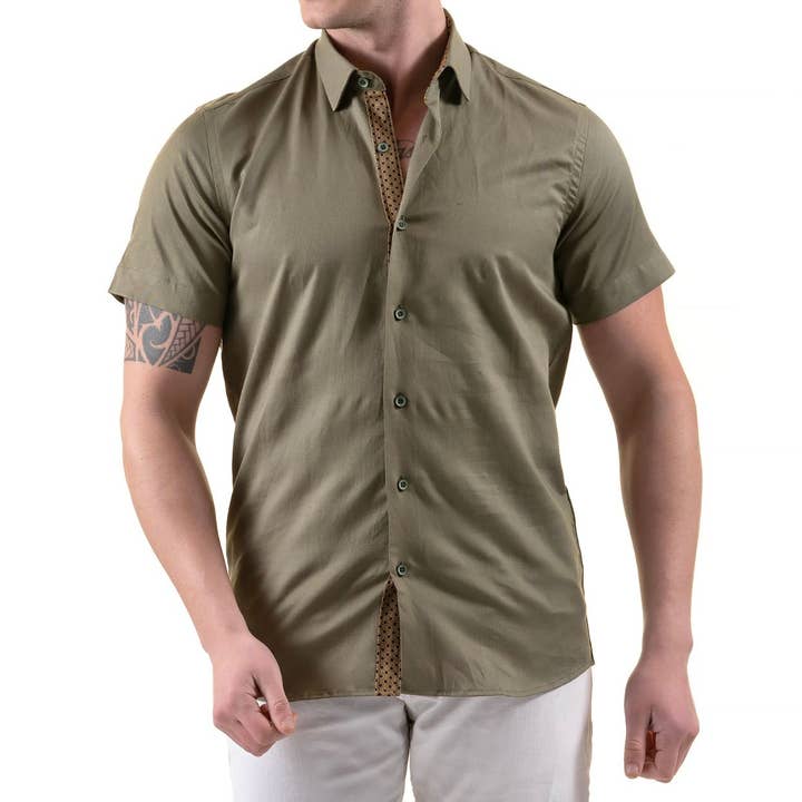 Bomull Linne Khaki Grön Kortärmad Knapp Upp för wholesale av gravity homme