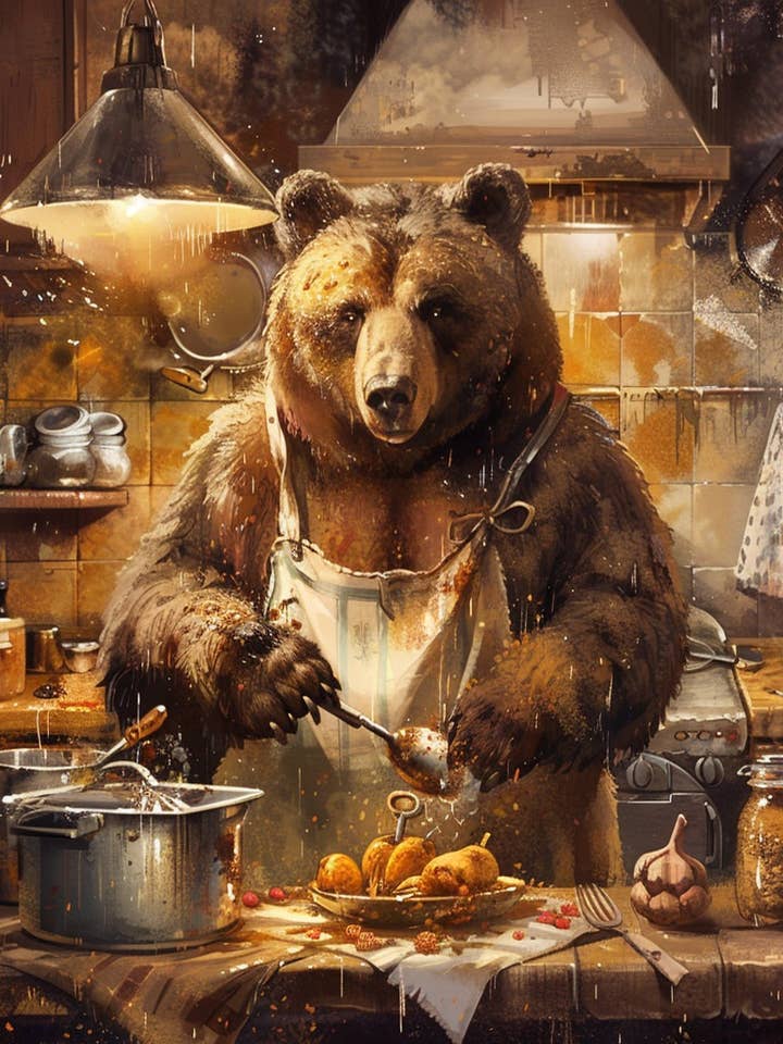 Grizzly Bear Cook - 8 „x8" vægkunsttryk - Mowbis humoristiske samling af sjove humor for engroshandel hos Mowbi