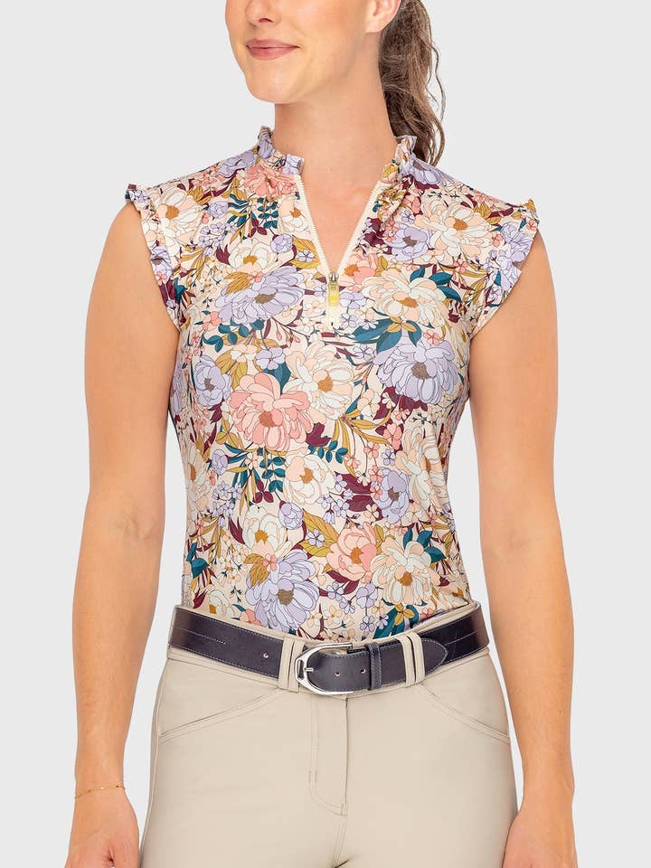 Débardeur à volants zippé 1/4 Pivoines en fleurs Champagne pour la vente par Kastel Denmark