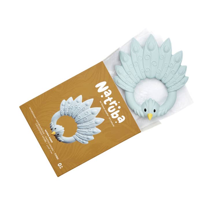 Natural rubber Teether Peacock - Light Blue for wholesale by Natruba