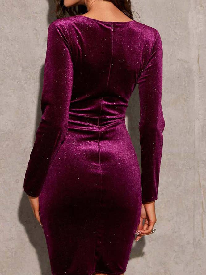 UNISHE - Wholesale Dress - Women's - Plain V Neck Ruched Glitter Velvet Bodycon Dress XML0168
