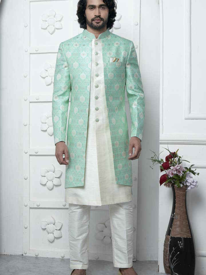 Mintgroen Jacquard Zijde Indowestern Pak Lange Kurta met Jas & Broek voor Mannen voor Bruiloft - Jacquard Werk voor wholesale door HATKE BRIDE