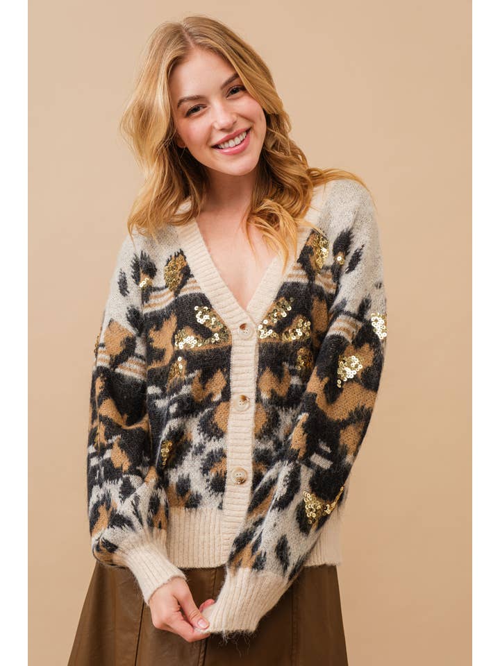 BLACK 17932W-Soft Leopard Pattern Sequin Cardigan Sweater for wholesale on Faire