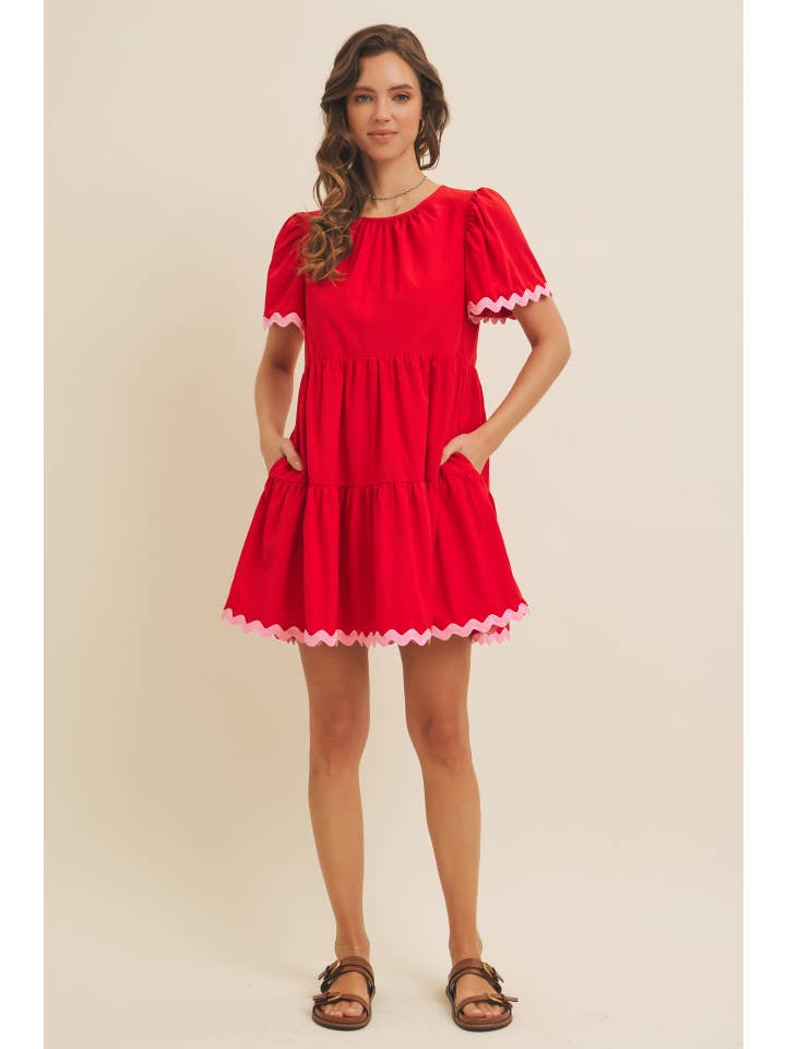 RED TIERED MINI DRESS WITH CONTRAST RIC RAC TRIM for wholesale on Faire