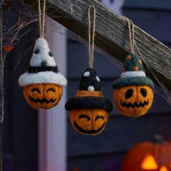 Handmade Felt Pumpkin Bauble Trio Hanging Halloween Decor. for wholesale by Felt So Good