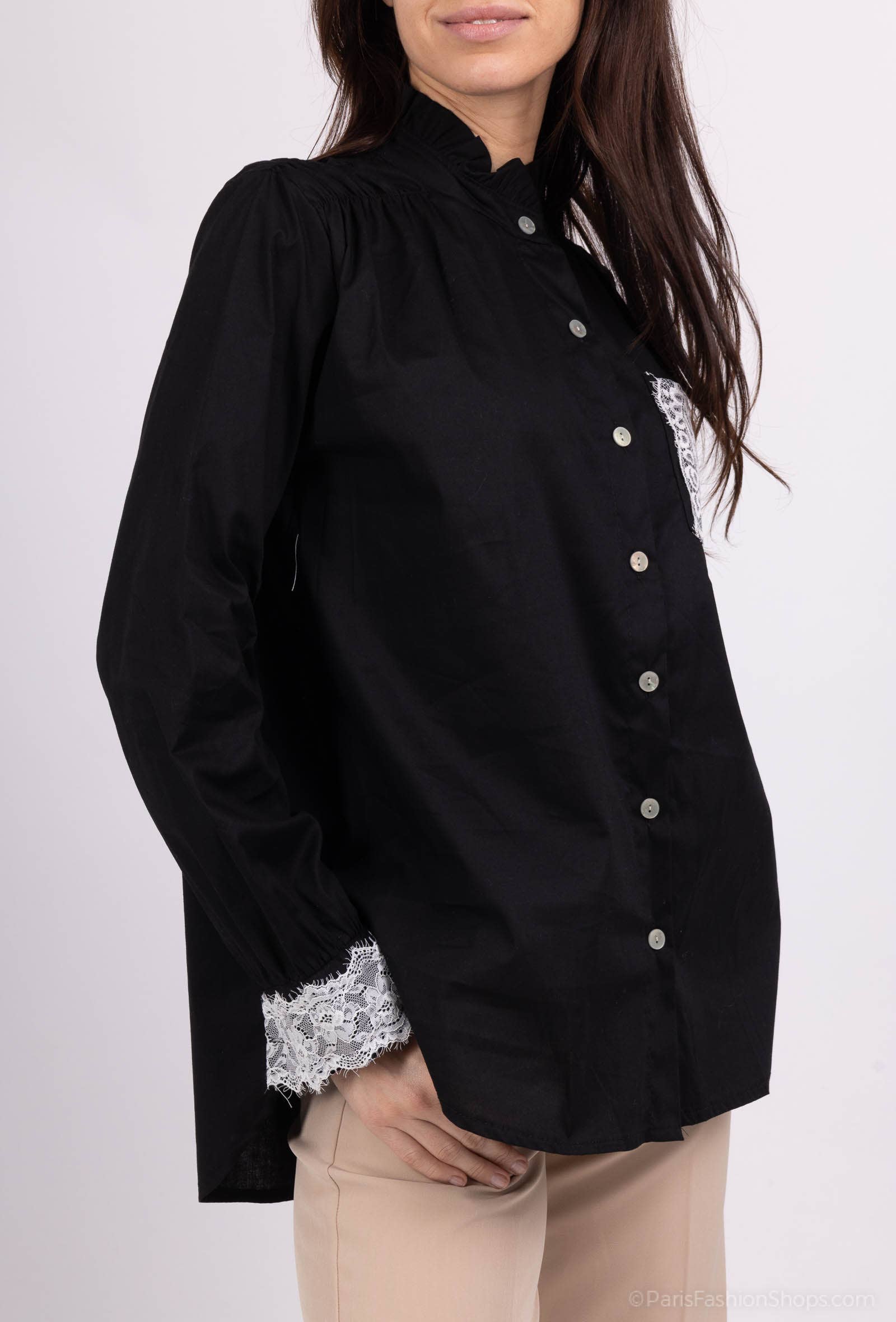 Pépouz' Paris - Vente Chemise à col boutonné – femme - Chemise col mao avec dentelle PC251822