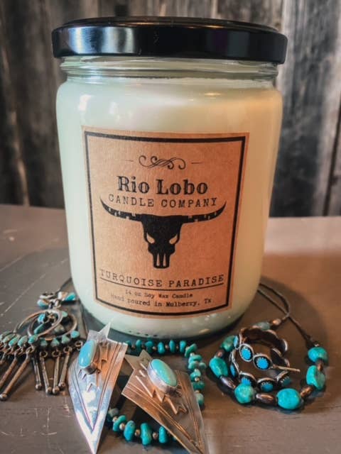 14oz Soy Candle- Turquoise Paradise for wholesale by Rio Lobo Candle Company