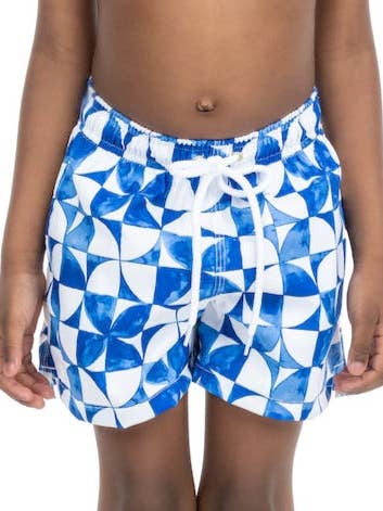 Boys Blue and White Print Swim Trunks for wholesale on Faire1