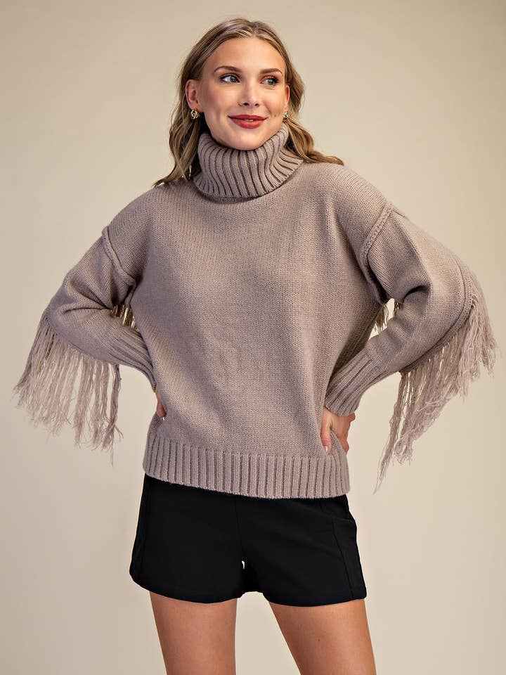 Turtleneck Long-Sleeve Sweater With Fringe Detail for wholesale by Glam