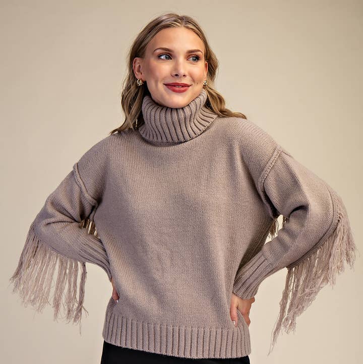 Turtleneck Long-Sleeve Sweater With Fringe Detail for wholesale by Glam