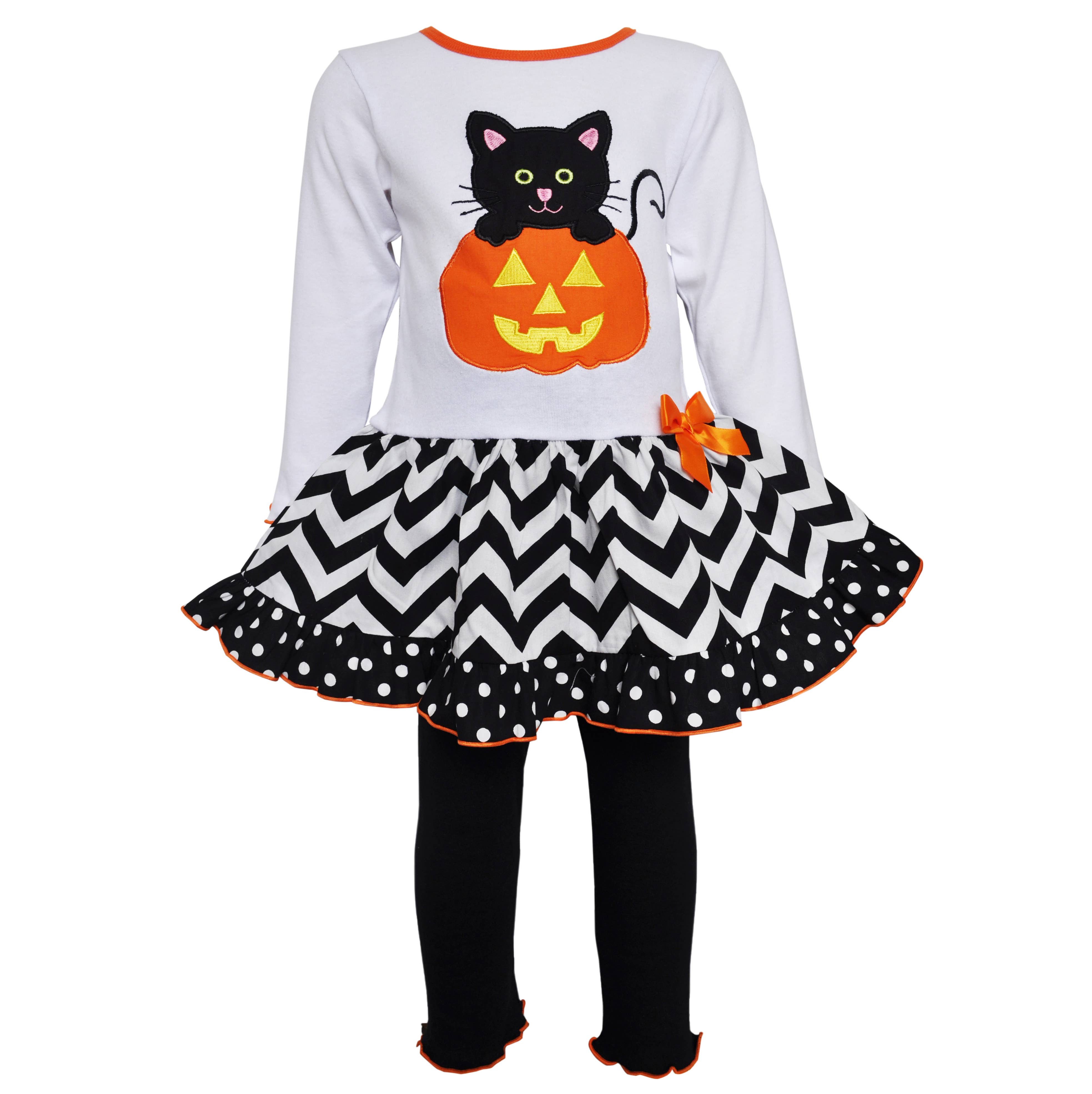 AnnLoren - Vendita all'ingrosso Completo top e leggings - Bambini - Abbigliamento di Halloween per bambine Set tunica zucca e gatto nero taglia 7/8