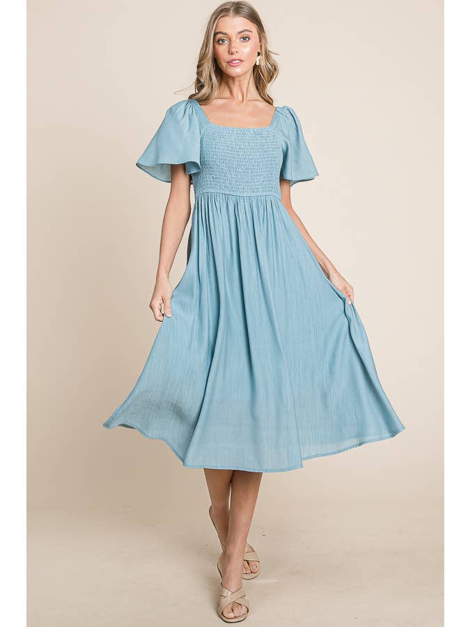 LIME N CHILI - Wholesale Dress - Women's - Smocked Square Neck Flutter Sleeve Midi Dress