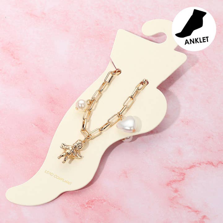 Heart Pearl Metal Bow Angel Balloon Dog Charm Station Paperclip Chain Anklet for wholesale by Sensibling Corp.
