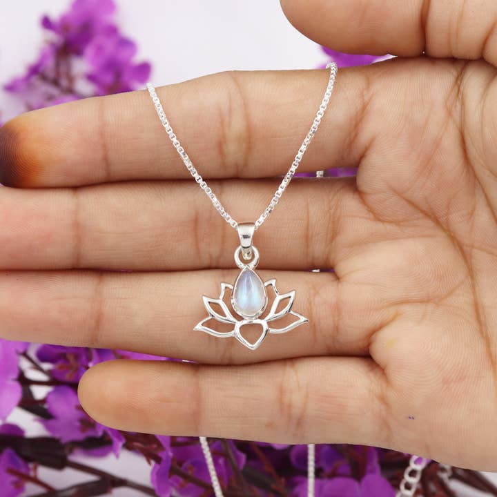 Jay Jools - Wholesale Pendant/Charm Necklace - Rainbow Moonstone Lotus Pendant: 925 Sterling Silver Jewelry6