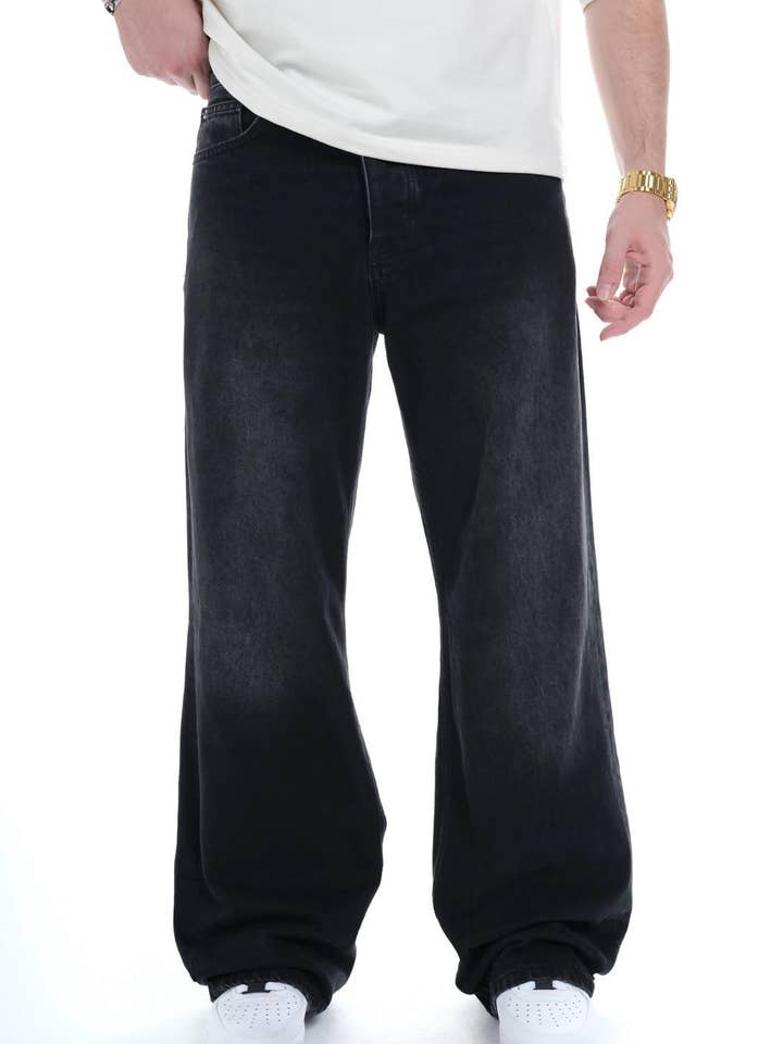 Mens Vintage Black Wide Leg Denim Jeans 0325C1274 for wholesale by Monocloth